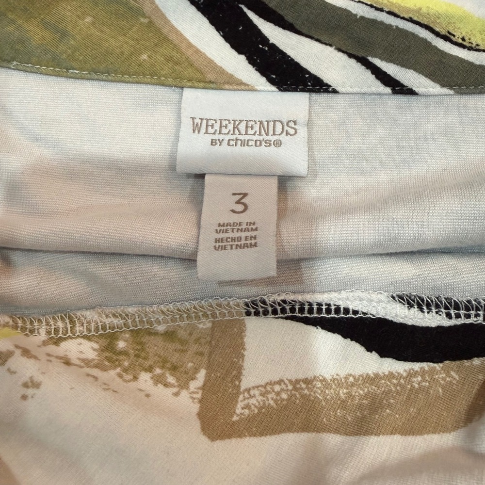 Chico's Abstract Floral Hippie Drawstring Top Olive Yellow 3 dopamine XL funky - Picture 7 of 8